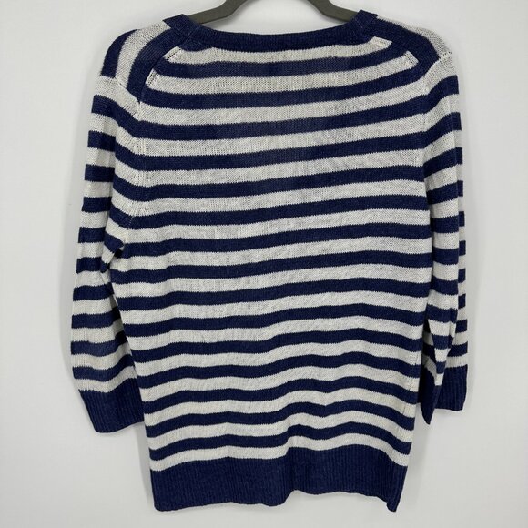 Talbots Striped Linen Cardigan Sweater MP V Neck Summer Lightweight Blue White - Picture 2 of 7